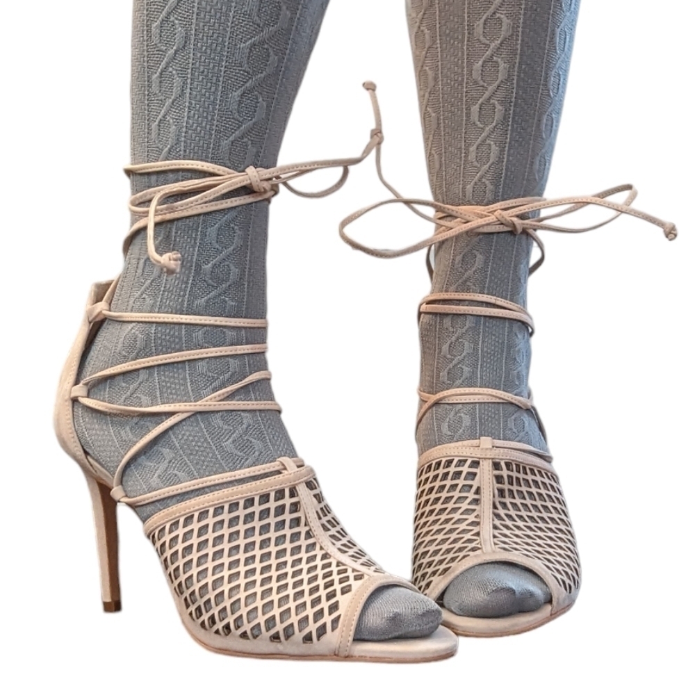 Vince Camuto Vasha Lace Tie Up High Heel Strappy Cutout Nude Beige Sandals 9.5 - Picture 11 of 14